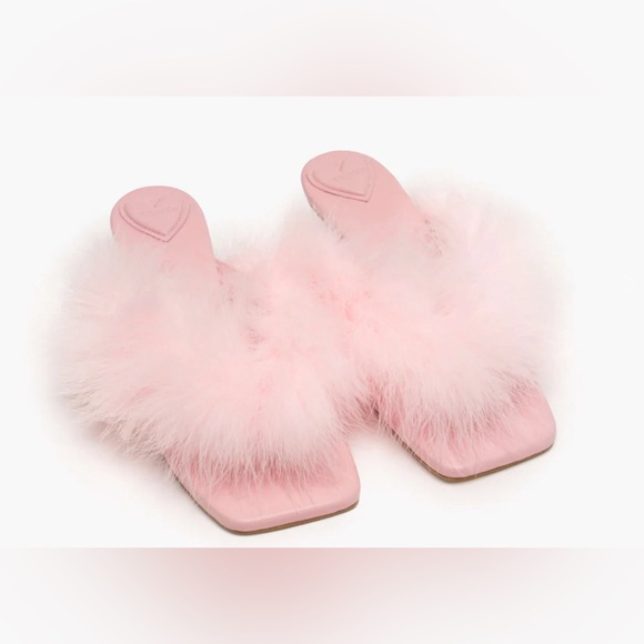 Sleeper Shoes - Sleeper Pom Kitten Heel Mules with Feathers in Pink Size 39 NWT SEE SIZE CHART